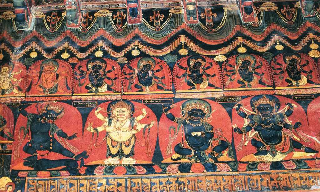 Tibet Guge 07 Tsaparang Red Temple 08 Band Yama Mahakala This part of the band painting features Yama on the left and then three versions of Mahakala. Photo - Thni: Westtibet.